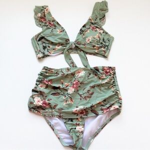 Cocoship High Waist Floral Tie Front Ruffle Bikini